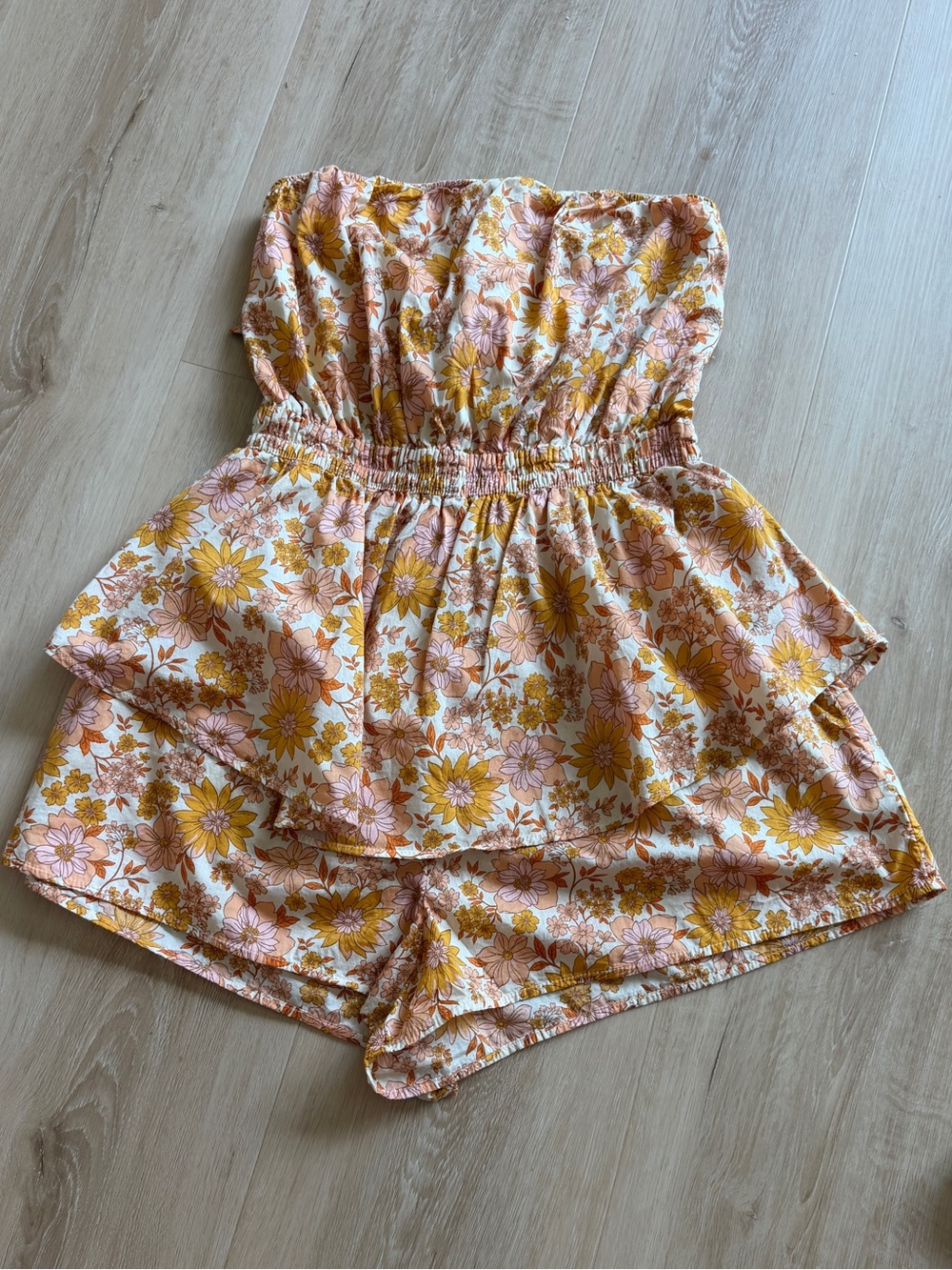 American Eagle Outfitters Floral Strapless Romper - Pink & Yellow